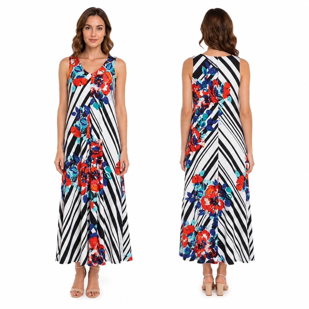 Cato Women's Striped and Multicolor Floral Print Sleeveless Maxi Dress